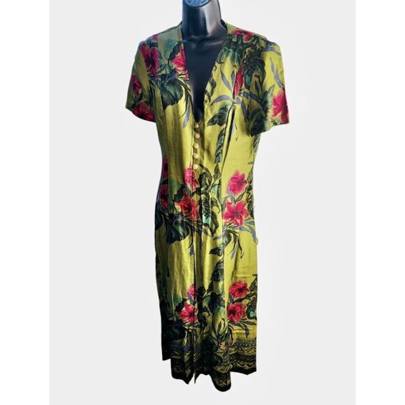 Coco Bianco Vtg Wrap Dress, Slit, Shoulder Pads, Tropical Print, Size 8, Rayon - Picture 1 of 9